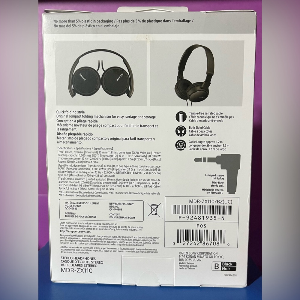 SONY On-Ear Black HeadphonesMDR-ZX110 - Picture 2 of 2